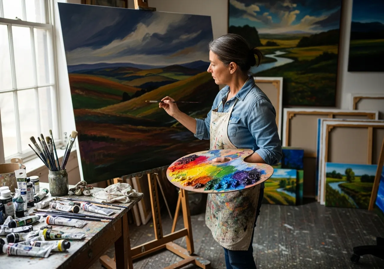 Kunstner maler på lærred i atelieret