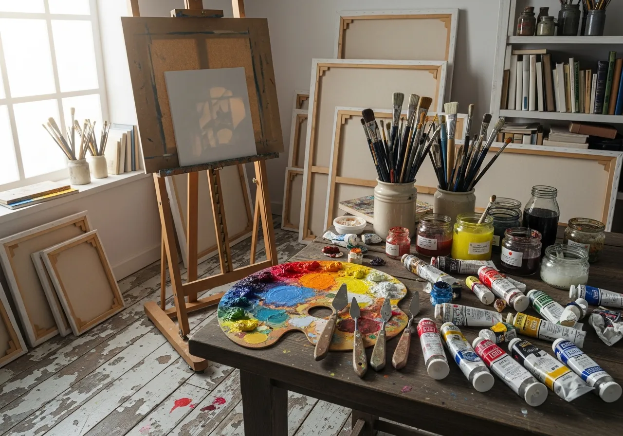 Maleredskaber og farver i atelieret